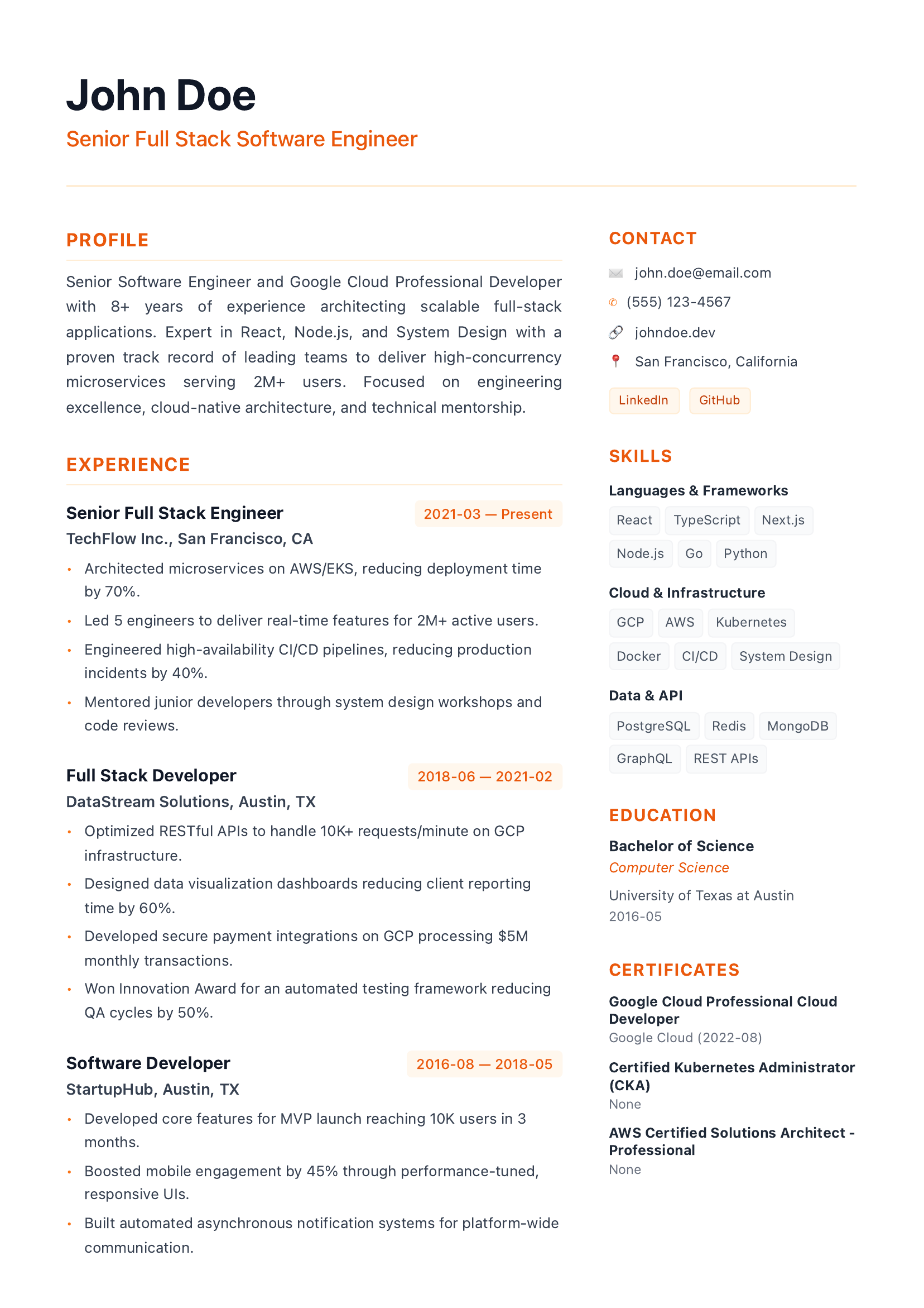 Custom 2-column resume with orange accent